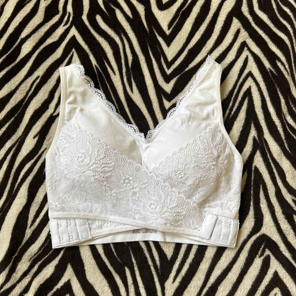 Cara Mia White lace padded stretch bralette floral design adjustable cross front